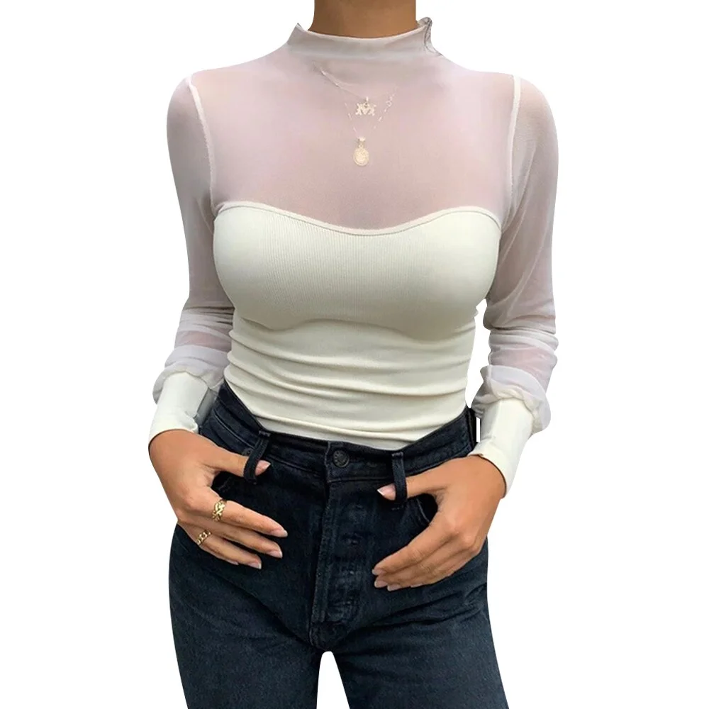 Women Mesh Patchwork Tops Solid Color Slim Pleated Lantern Sleeve Turtleneck Autumn Pullover Ladies Female  Translucent Tees