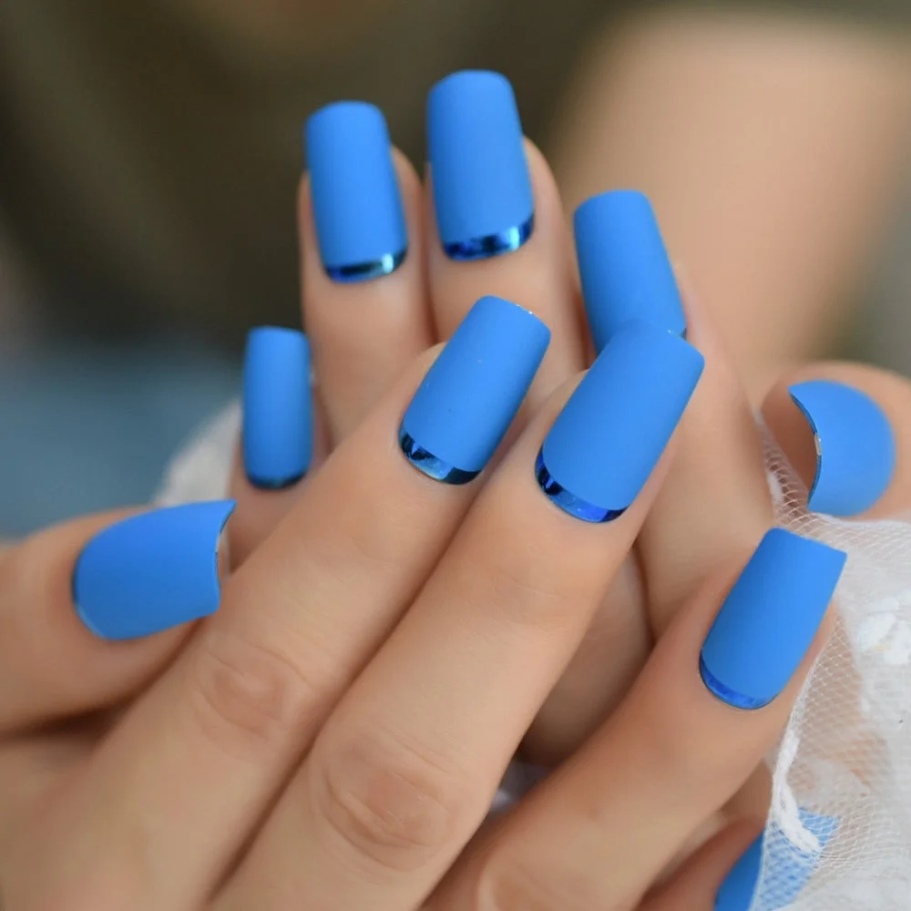 Blue Matte Square Opposite French Fake Tips Chrome Moo Fashion Medium Long Acrylic Nails Wholesale