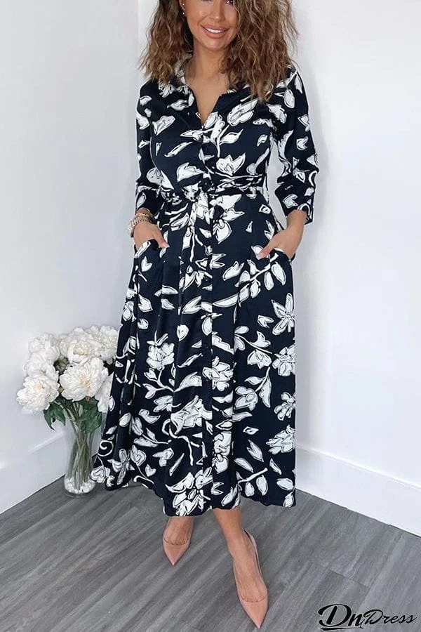 Printed Cropped Sleeve Shirt Collar Long Dress