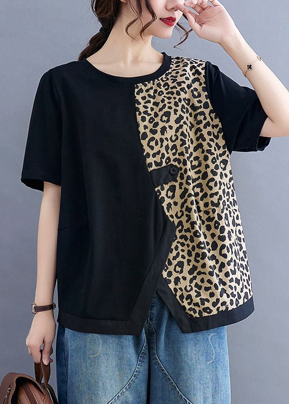 French Black Asymmetrical Leopard Patchwork Shirt Tops Short Sleeve CK1815- Fabulory