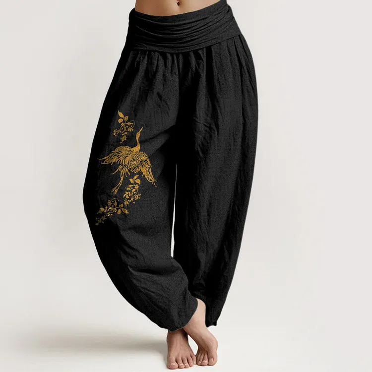 Crane Floral Leaves Pattern Women's Elastic Waist Harem Cotton Pants