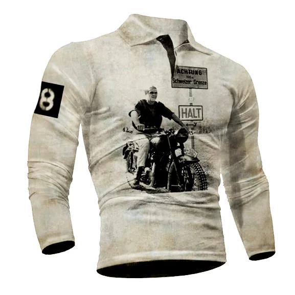 Men's vintage motorcycle print outdoor casual lapel top / [viawink] /