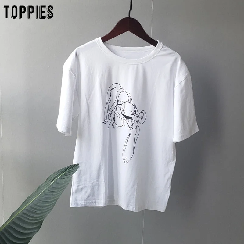 toppies summer t-shirts character printing tops tees solid color white t-shirts women drinking girls tops