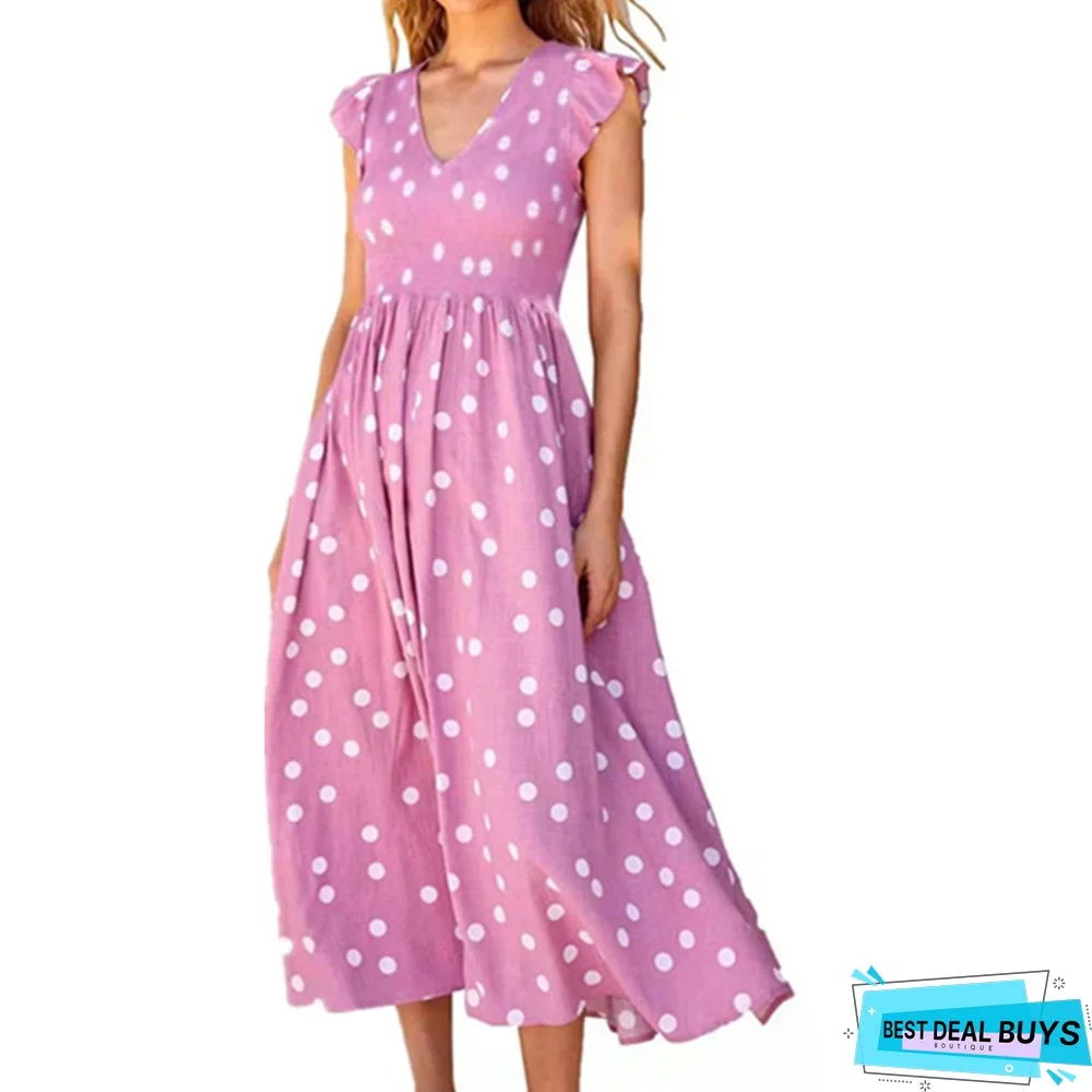 V-Neck Waistband Large Skirt Wave Dot Print Dress For Women
