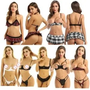 pornhint Pornhint Women's Open Crotch Thong Set Lace Bra Embroidery Unlined Cupless Tops Nightwear