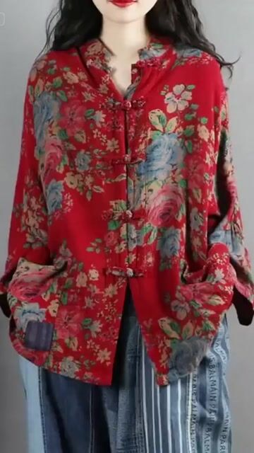 Chinese Style Red Print Pockets Button Patchwork Cotton Coats Long Sleeve
