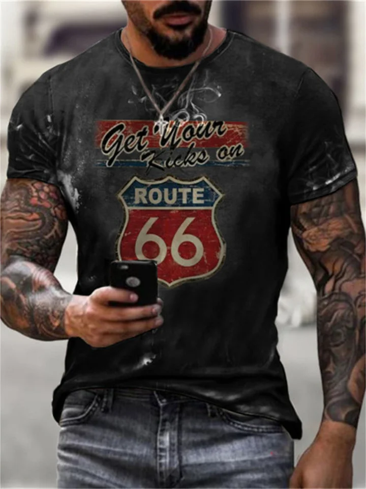 Summer Route 66 Digital Print Round Neck Comfortable Loose Short-sleeved Men's 3D T-shirt-Cosfine
