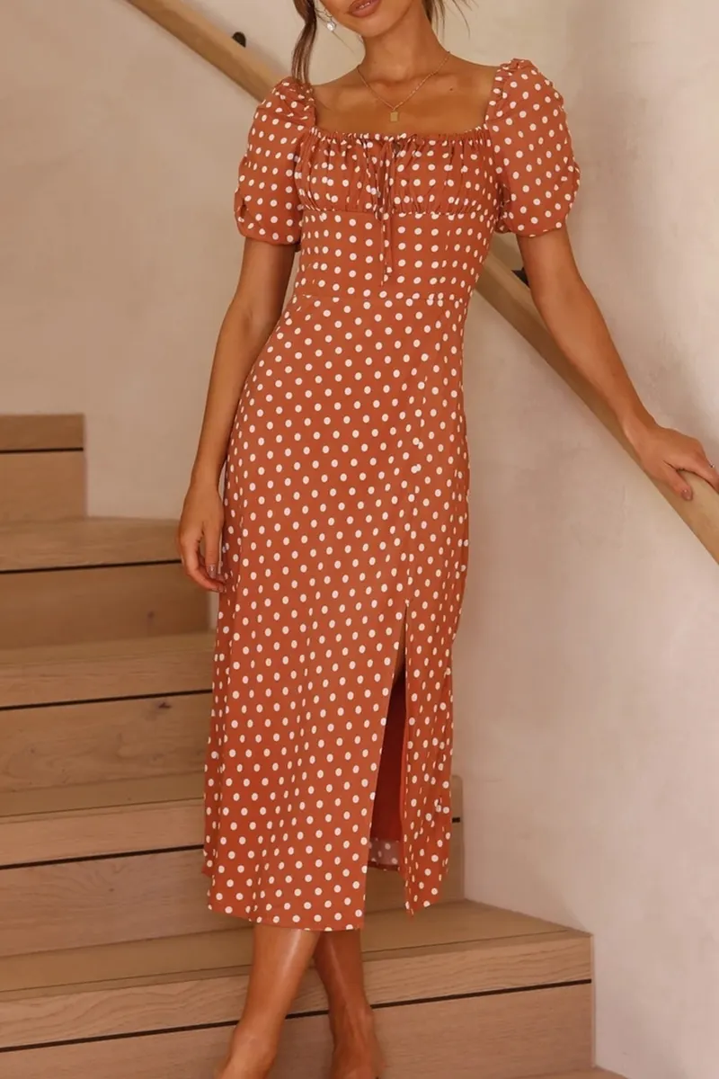 Fashion Elegant Dot Draw String Slit Square Collar A Line Dresses