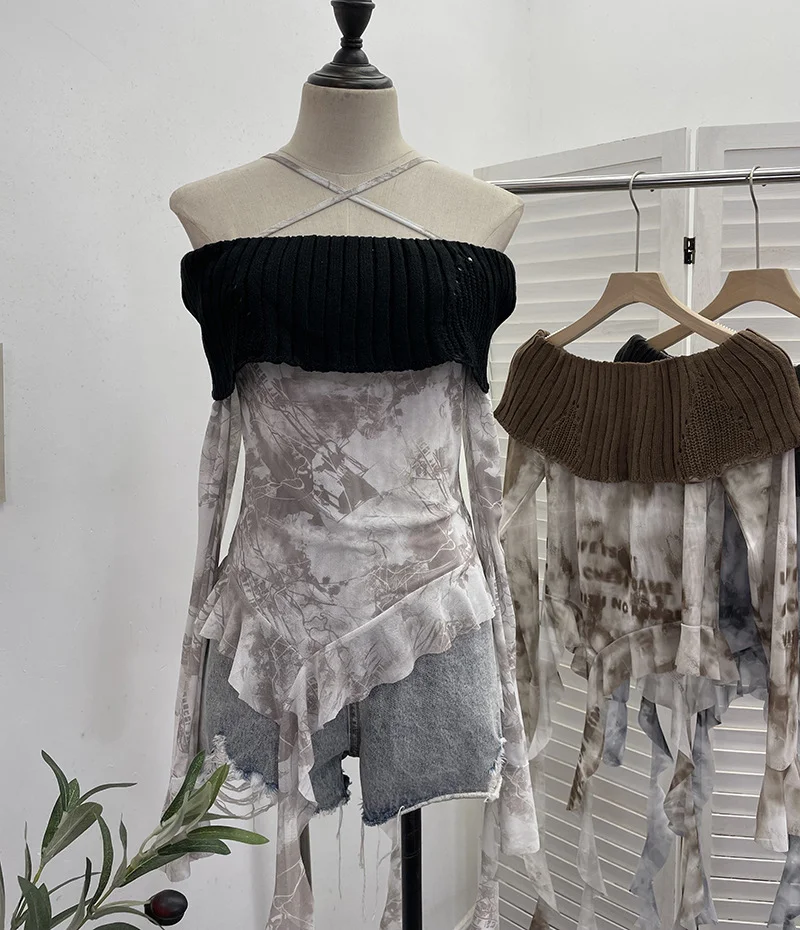 Churchf Real Shot Shoulder Cross Hanging Neck Knitting Mesh Yarn Coat Irregular Ribbon Horn Long-Sleeved T-Shirt 1101