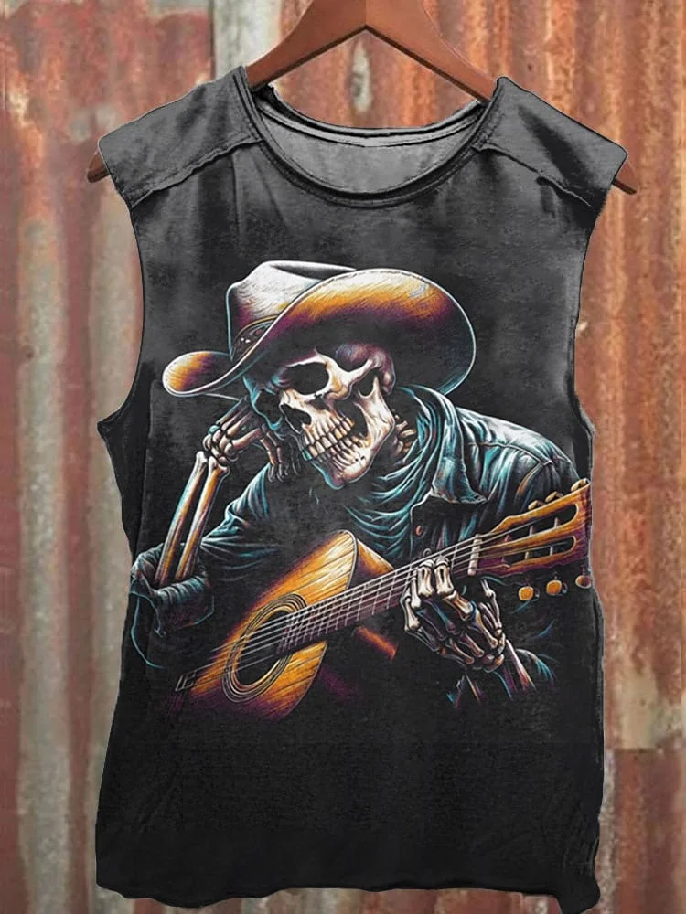 Women's Skeleton Death Cowboy Print Vest
