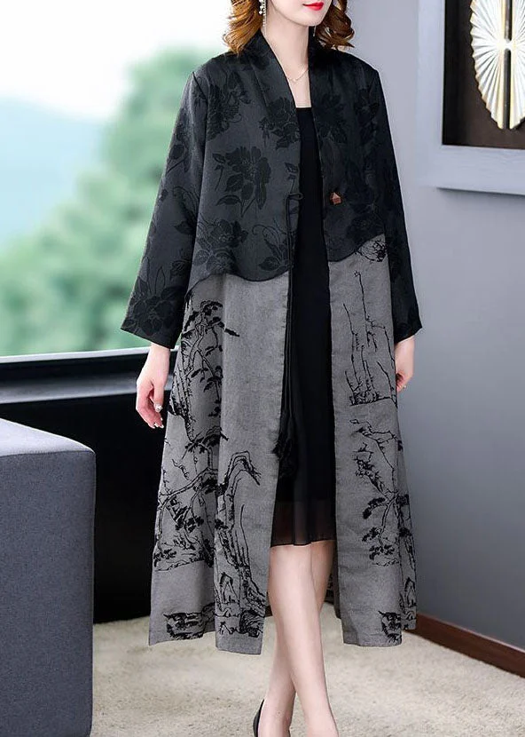 Elegant Black Tasseled Patchwork Print Silk Trench Coat Spring