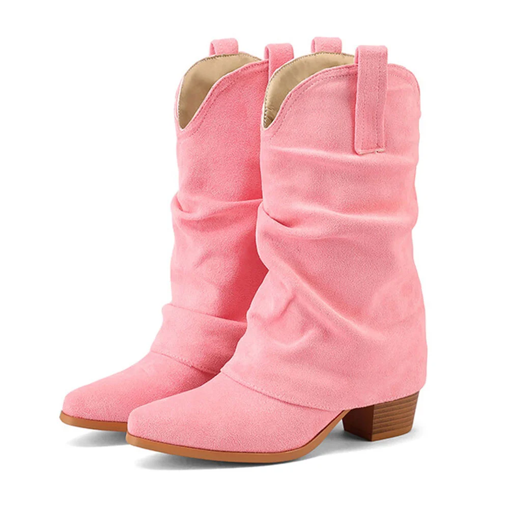 Fold Over Block Heel Snip Toe Pink Mid Calf Western Boots for Women