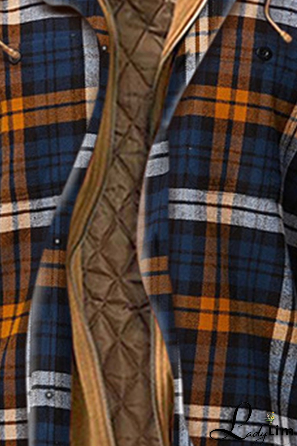 Brown Casual Plaid Draw String Zipper Hooded Collar Outerwear