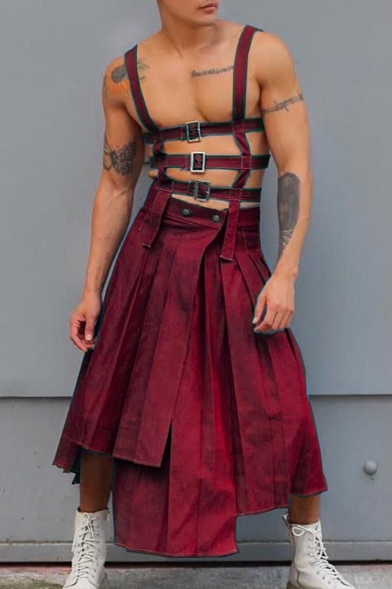 Ciciful Metal Buckle Irregular Hem Burgundy Festival Overall Skirt