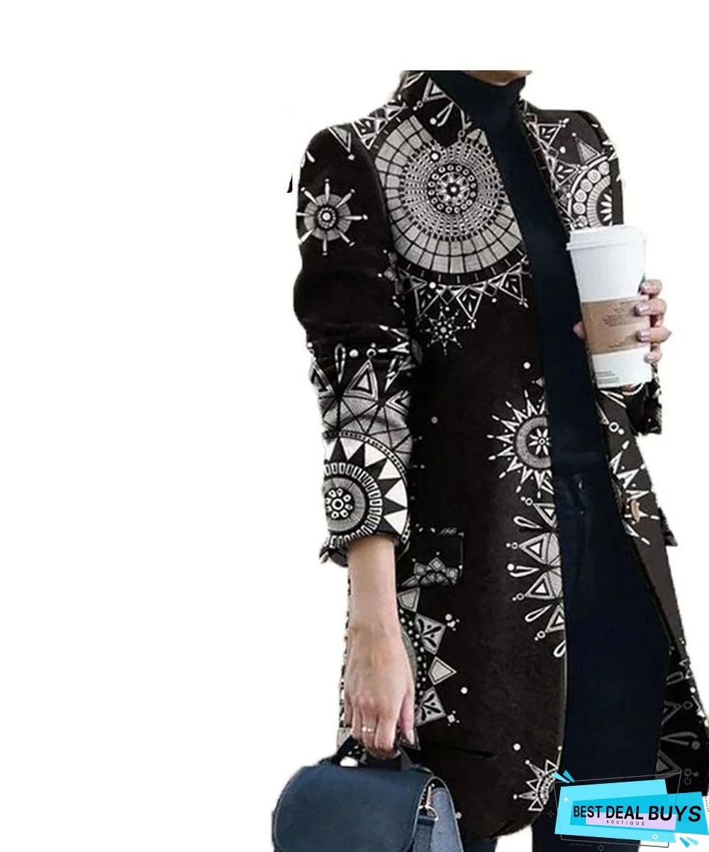 New Autumn and Winter Fashion Print Collar Woolen Coat Women