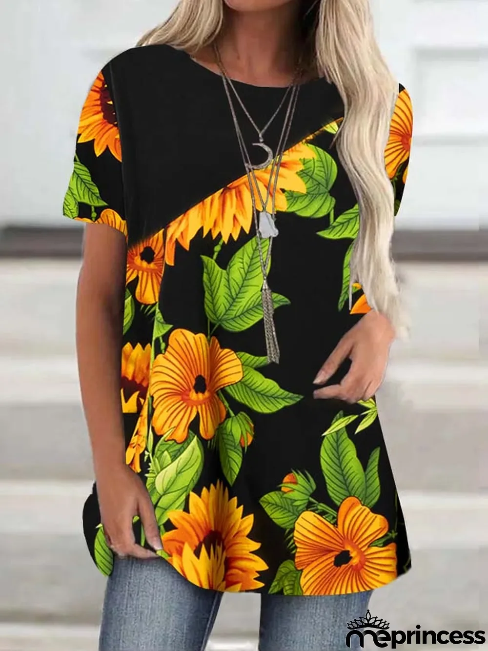 Women Short Sleeve Scoop Neck Floral Printed Stitching Top