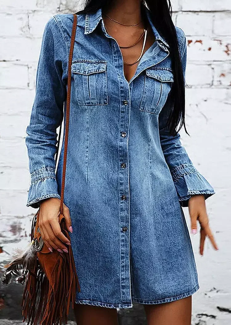 Button Pocket Long Sleeve Denim Mini Dress