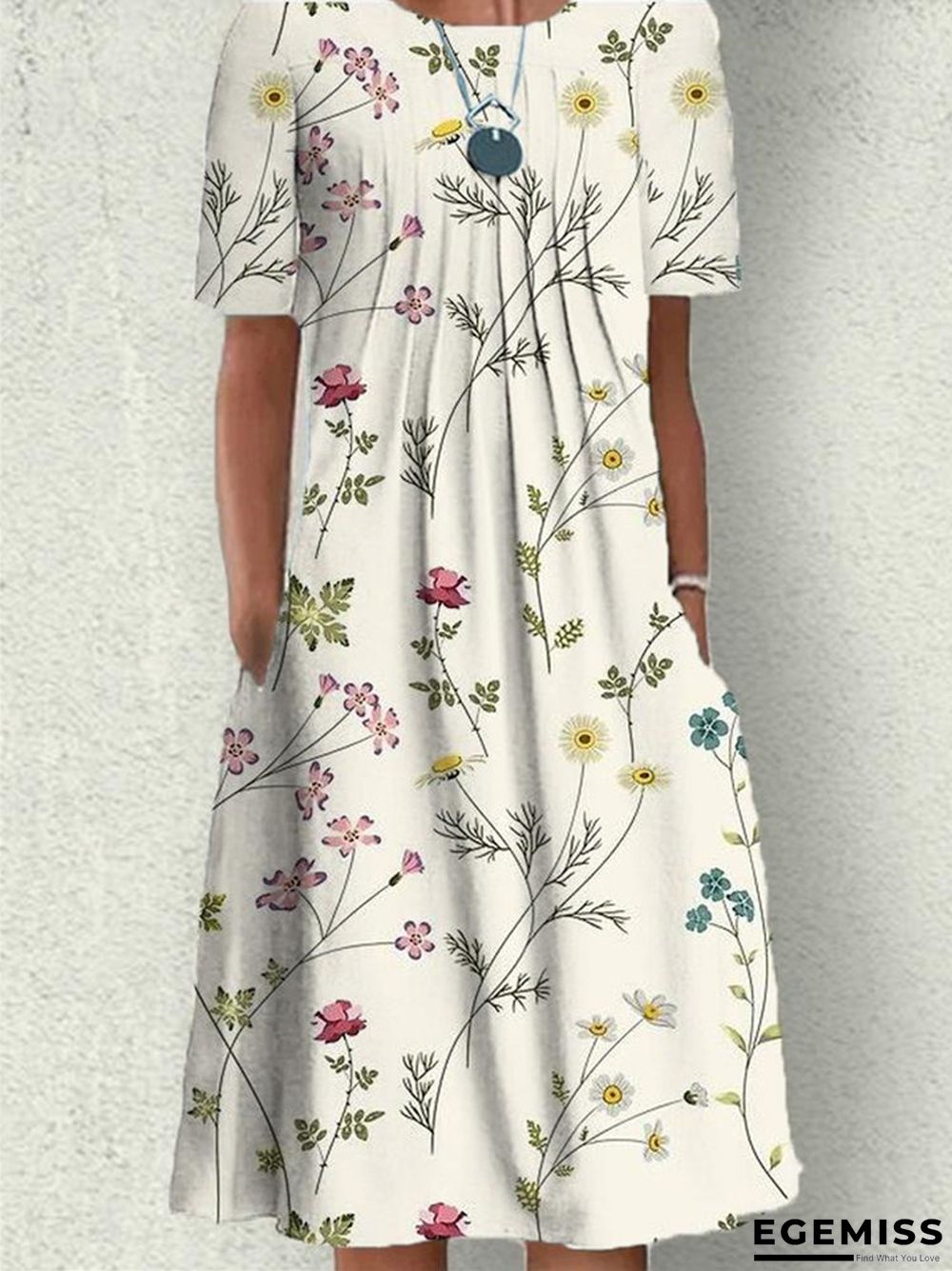 Casual Flower Round Neck Medium Length Straight Dress | EGEMISS