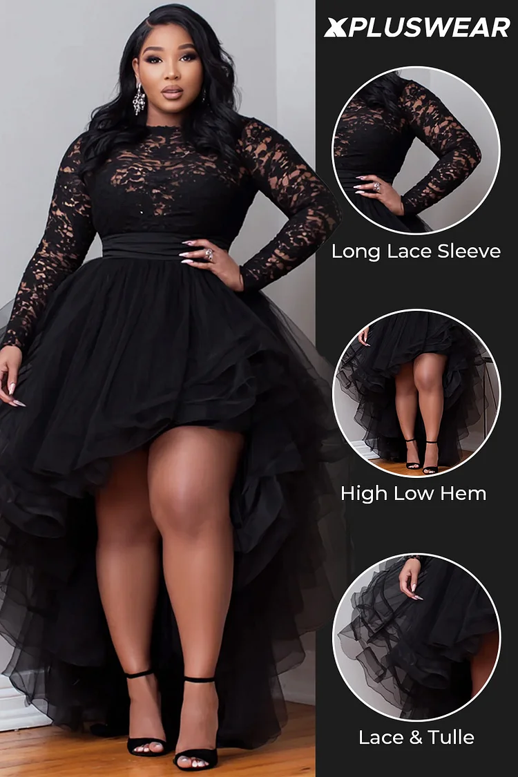 Xpluswear Design Plus Size Cocktail Party Black Round Neck Long Sleeve High Low Hem Elegant Ruffle Tulle Lace Mini Dresses [Pre-Order]