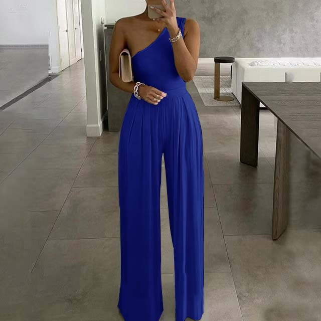 Daisda Stunning White One Shoulder Sleeveless High Waist Long Jumpsuit with Pleated