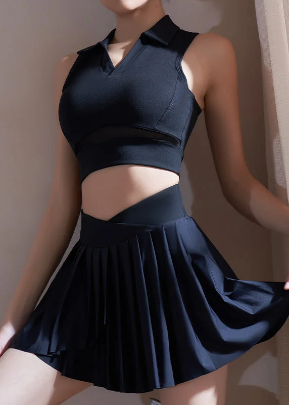 Black Peter Pan Collar Sports Bra And Skirt Set Suit Athletic Leggings