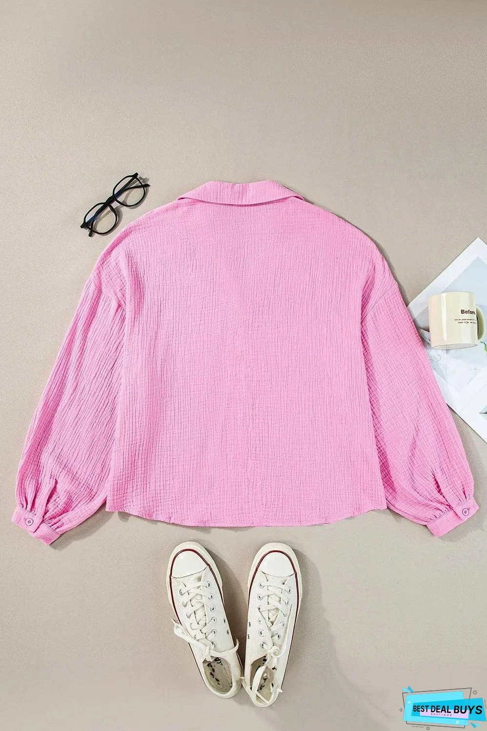 Bonbon Solid Color Puff Sleeve Crinkled Shirt