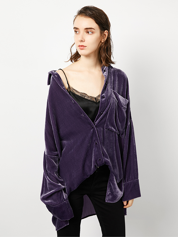 Regular Fit Silk Velvet Shirt With Pocket For Women-Real Silk Life
