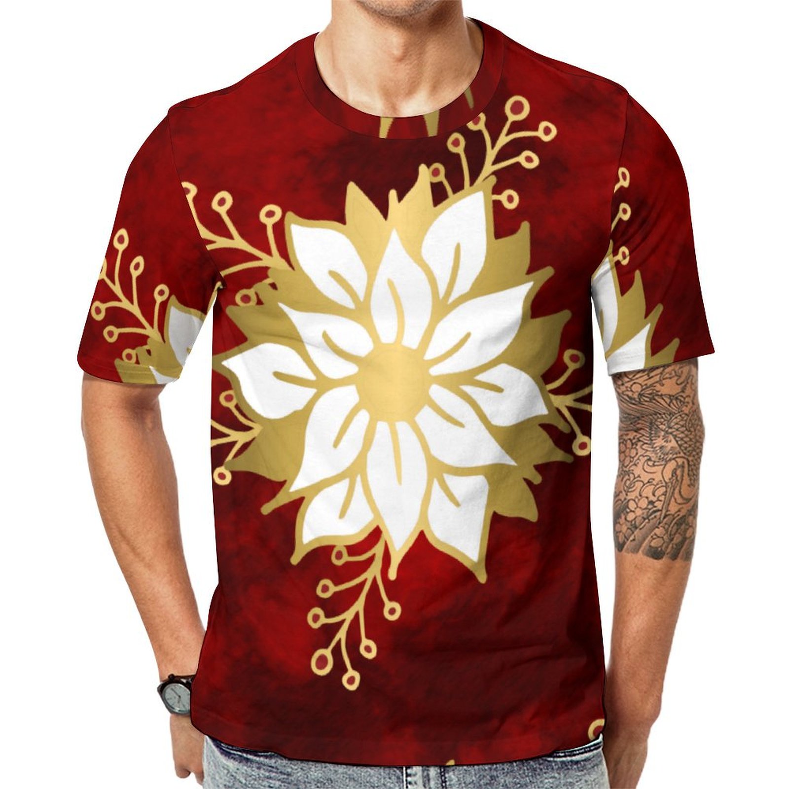 Elegant Red Gold White Poinsettia Flower Short Sleeve Print Unisex Tshirt Summer Casual Tees for Men and Women Coolcoshirts