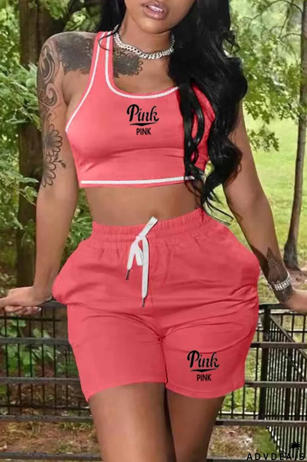 Blue Casual Print Letter U Neck Sleeveless Two Pieces