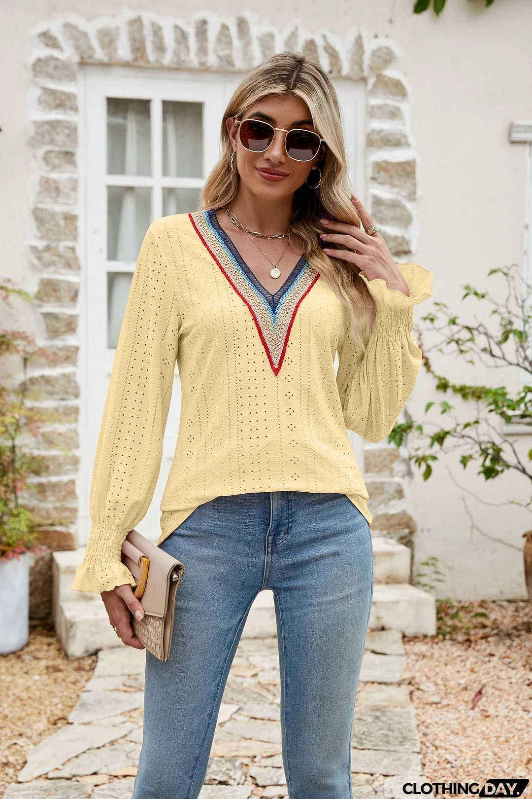 Eyelet Flounce Sleeve V-Neck Blouse