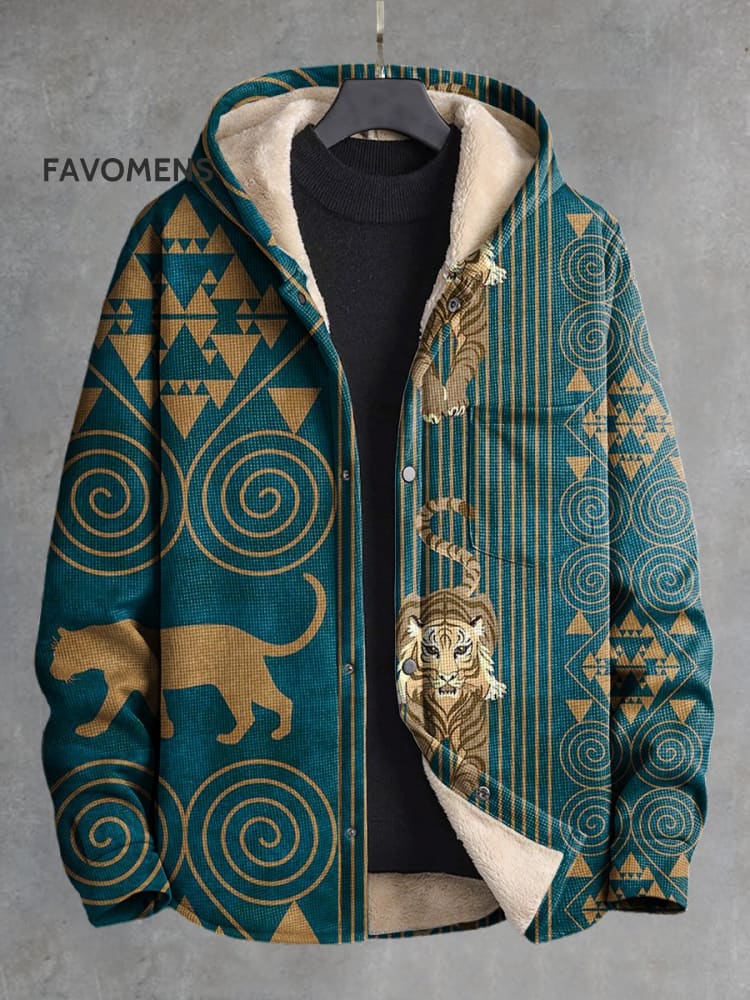 Retro Tiger Totem Tribal Pattern Print Waffle Plush Thickened Long Sleeve Hooded Jacket Multicolor