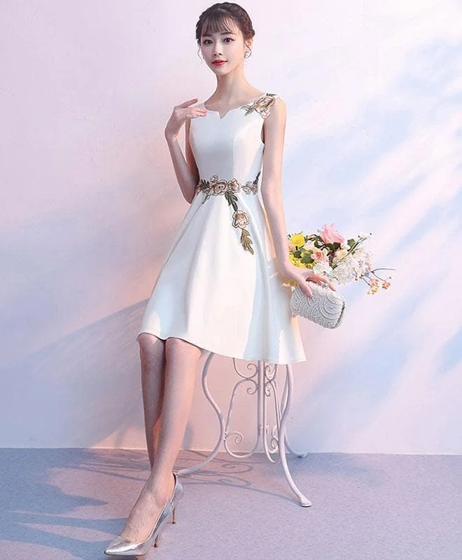 Simple Light Champagne Satin Applique Short Prom Dress, Cute Homecoming ...