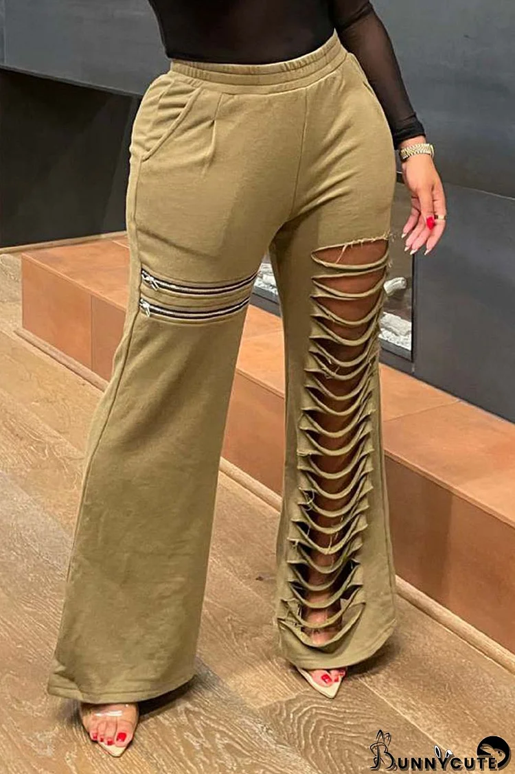 Khaki Casual Street Solid Hollowed Out Split Joint Zipper Boot Cut High Waist Speaker Solid Color Bottoms