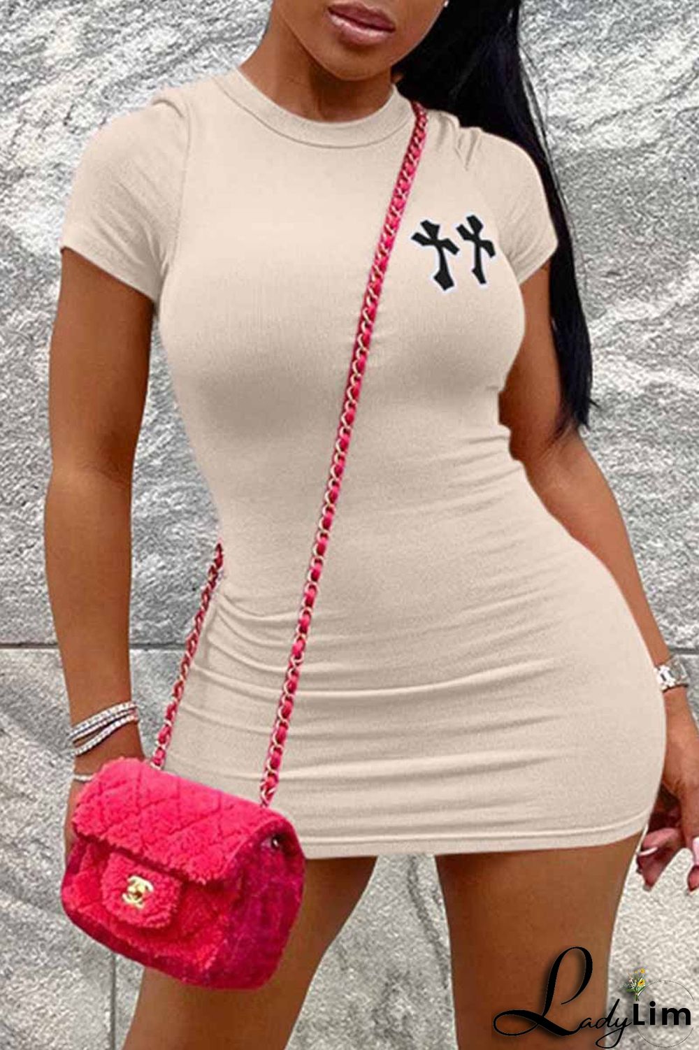 White Casual Print Patchwork O Neck One Step Skirt Dresses