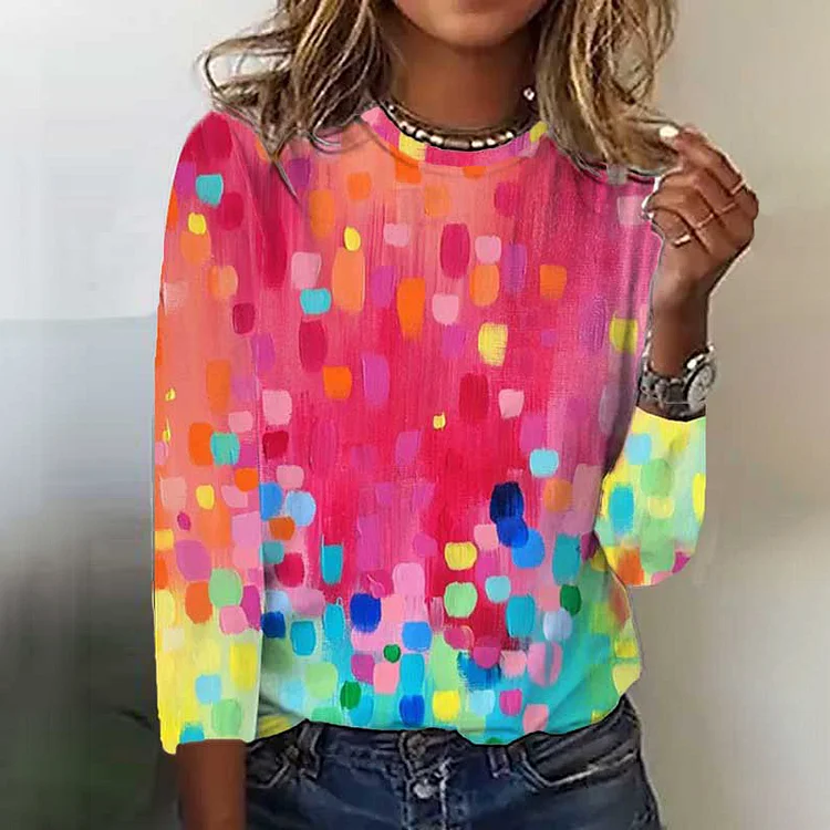 Wearshes Women's Multicolor Long Sleeve Crew Neck T-Shirt