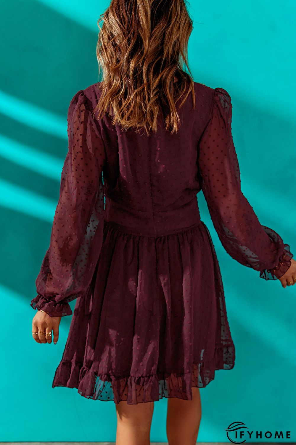 Wine Red V Neck Lantern Sleeve Swiss Dot Mini Dress | IFYHOME