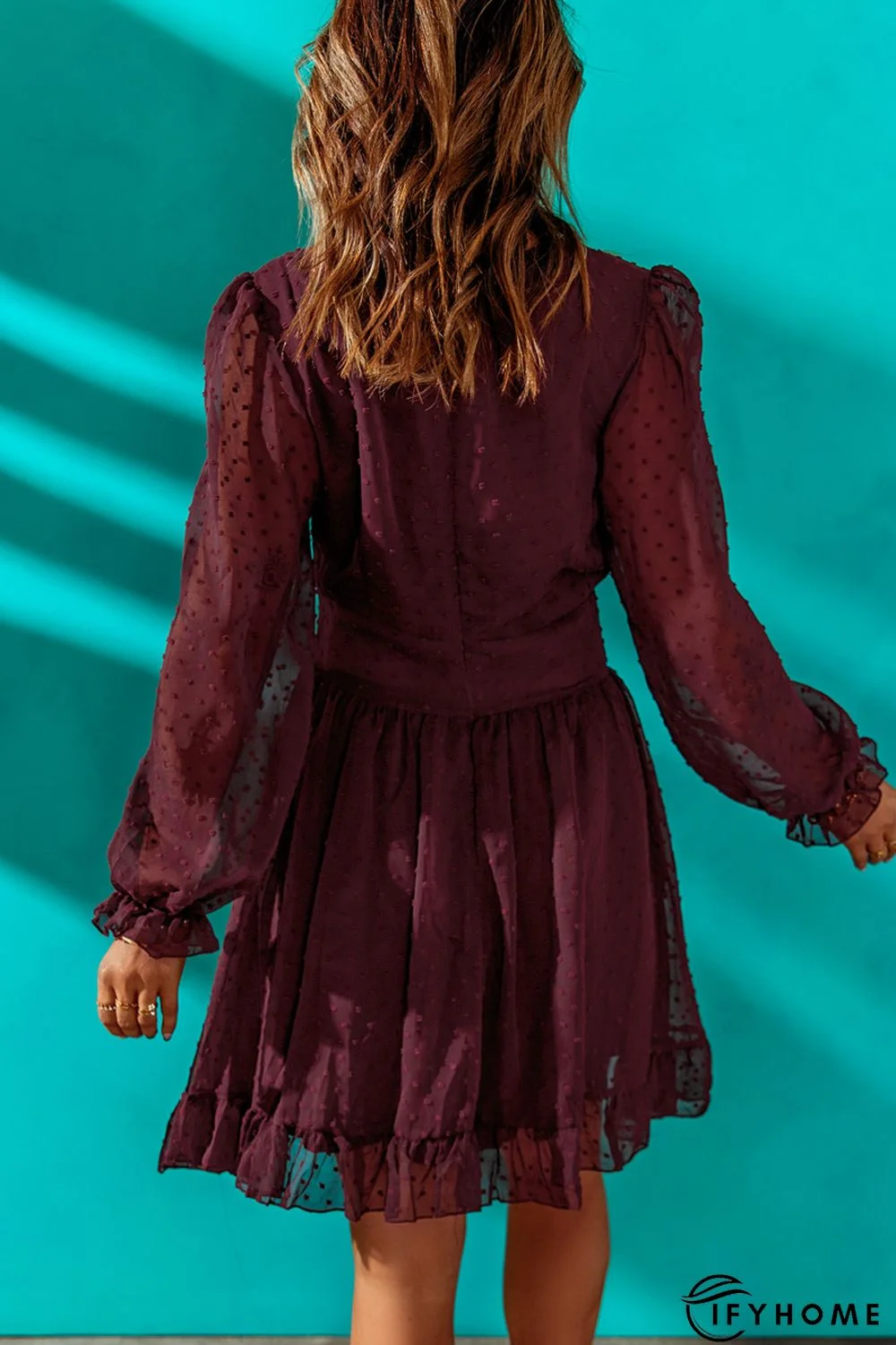 Wine Red V Neck Lantern Sleeve Swiss Dot Mini Dress | IFYHOME