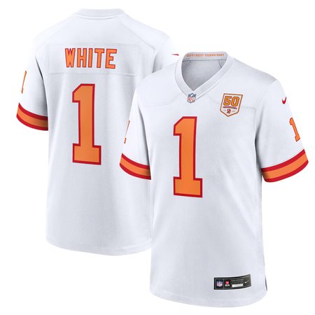 Men's '76 Tampa Bay Buccaneers #1 Rachaad White  White 50th Season Game Jersey