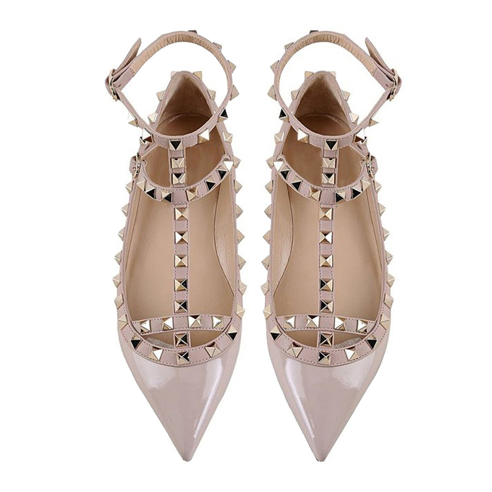 Women's Flats Rivets Rockstud Daily Pointed Toe Ballet Apricot Patent Shoes-vocosishoes