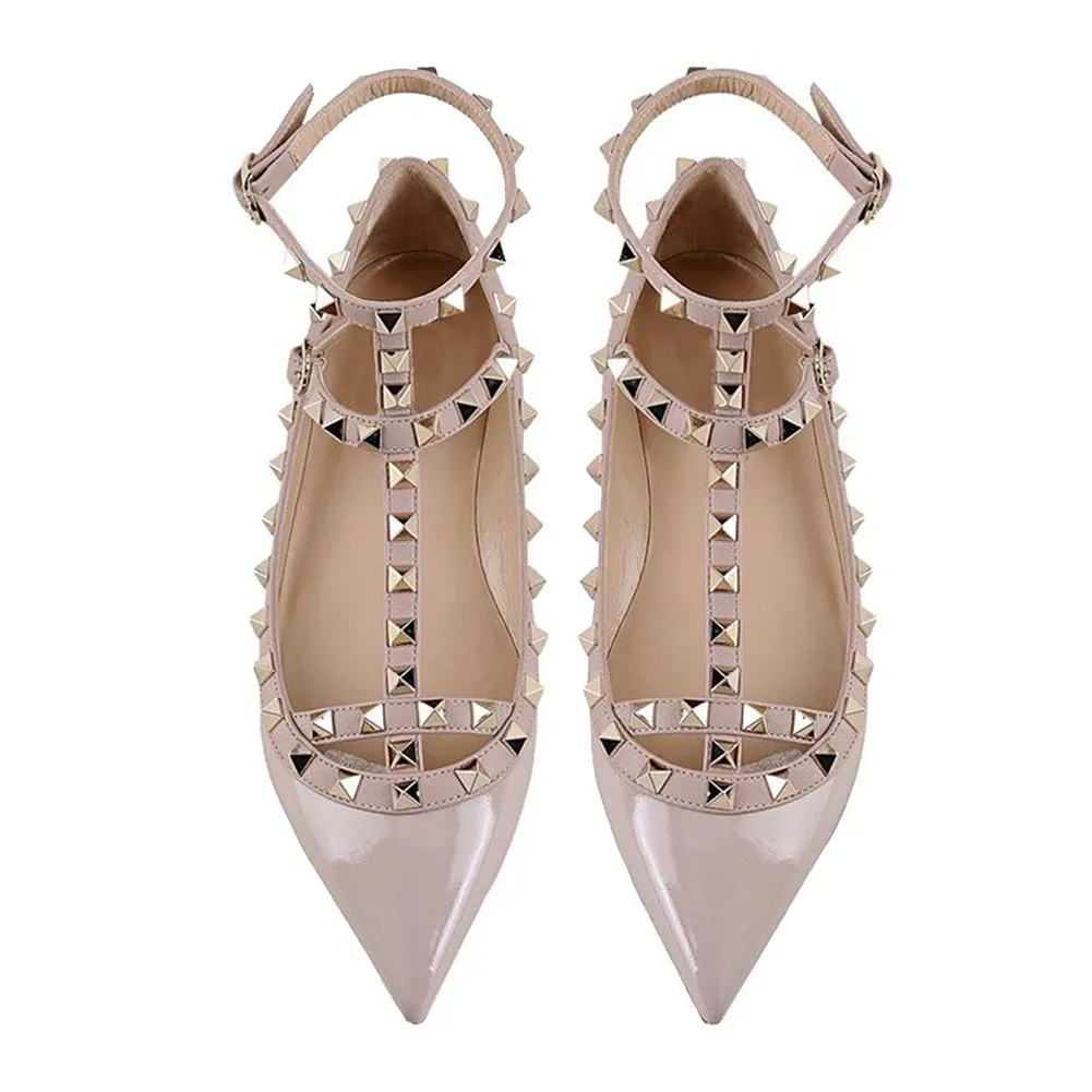 Women's Flats Rivets Rockstud Daily Pointed Toe Ballet Apricot Patent Shoes-vocosishoes
