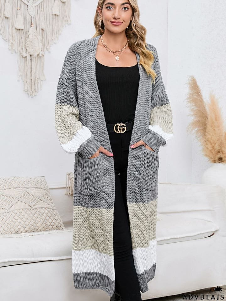 Color Block Long Sleeve Pocketed Cardigan