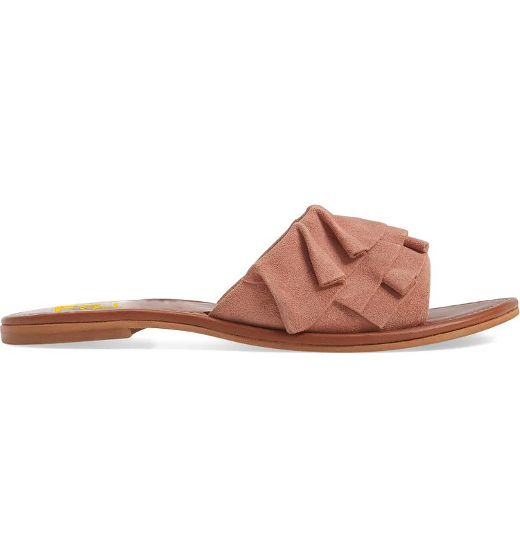 Old Pink Suede Flat Ruffle Open Toe Slide Sandals Vdcoo