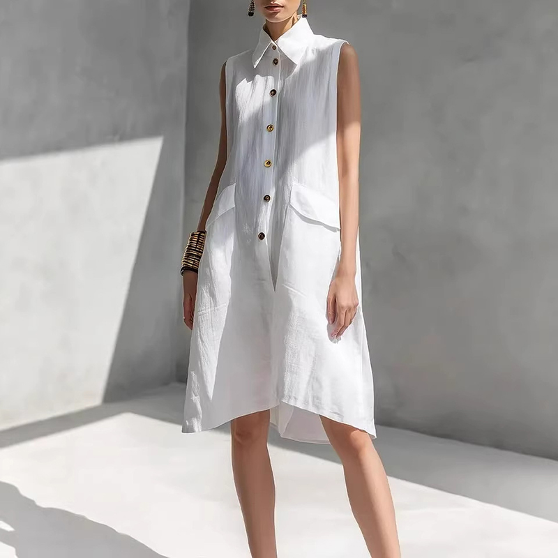 Casual Loose-fit Linen Sleeveless Shirt Dress elevenforest