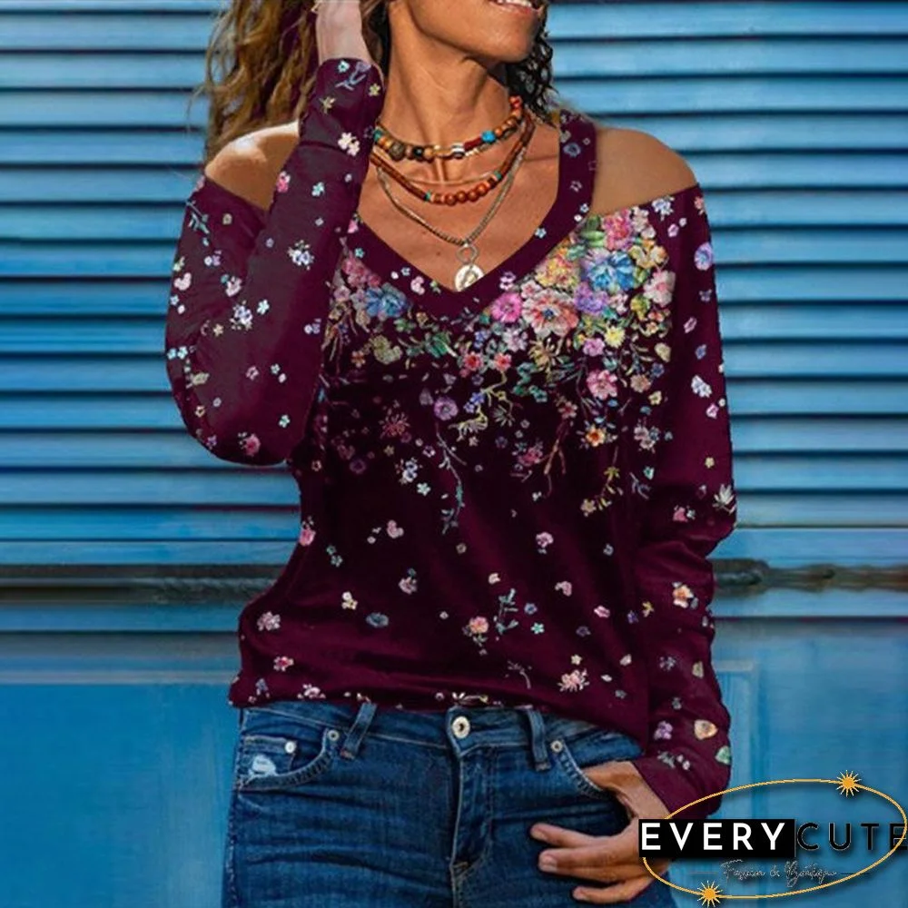 V Neck Hollow Printed Shirt