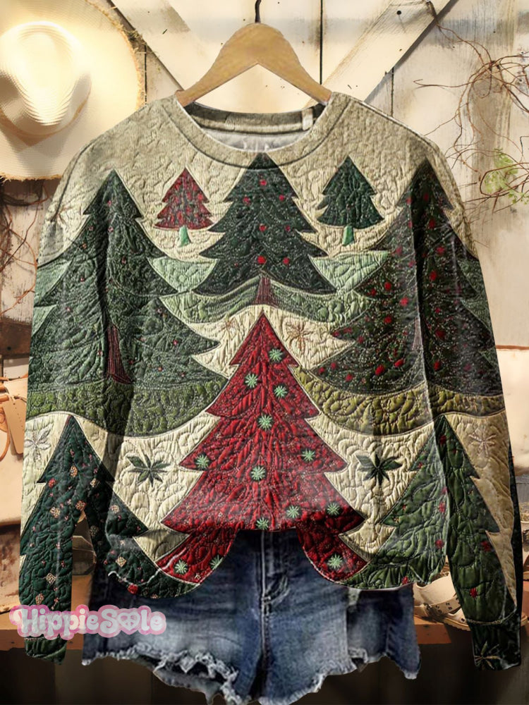 Women’s Vintage Christmas Tree Textured Print Casual Sweatshirt Multicolor / S