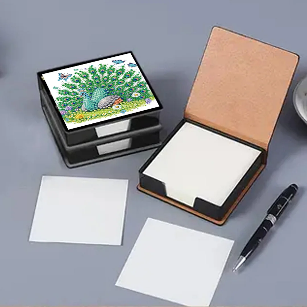 Green Peacock PU DIY 5D Diamond Painting Note Box w/160 Sheets for Office Home