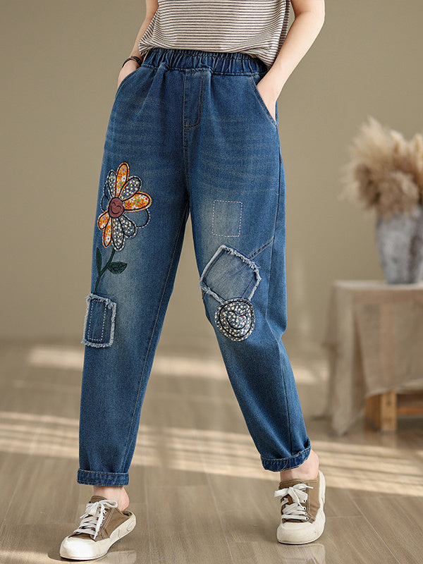Women's loose Casual Vintage Patch Embroidered Oversized Jeans Pants