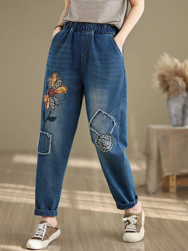 Women's loose Casual Vintage Patch Embroidered Oversized Jeans Pants