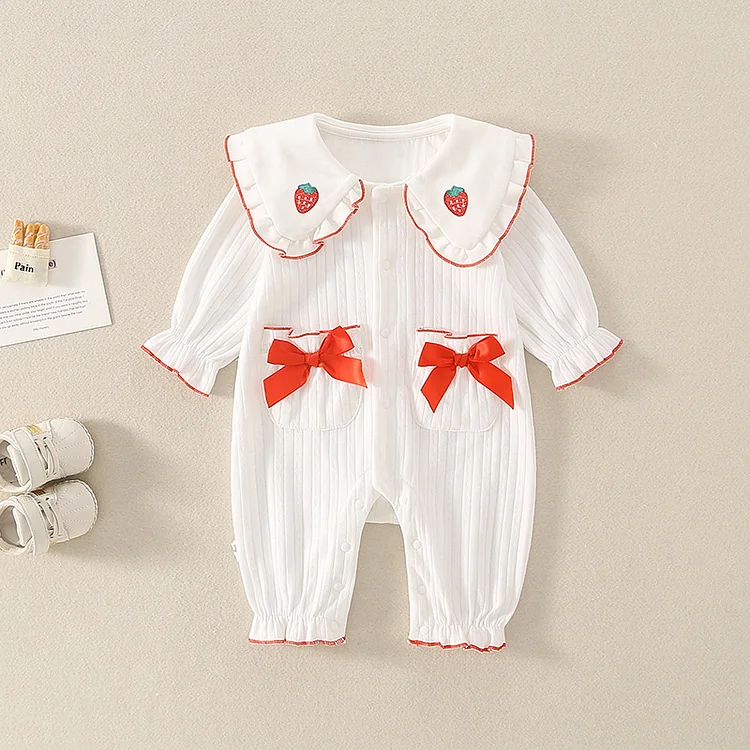 Baby Girl Embroidered Strawberry and Bowknot Design Long Sleeve Romper