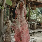Women's Floral Art Embroidered Linen V-neck Dress - Image 2
